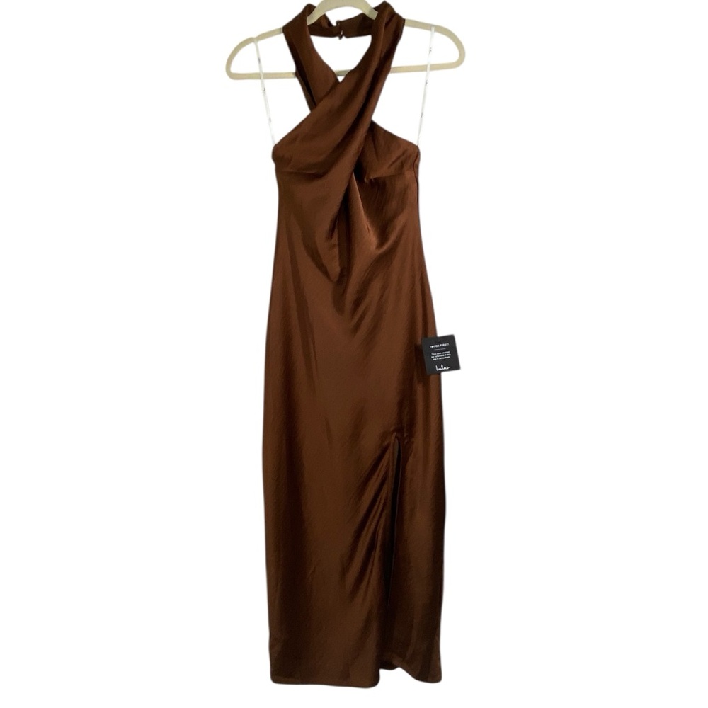 NEW Lulus Beyond Classy Brown Satin Halter Dress - Picture 3 of 8